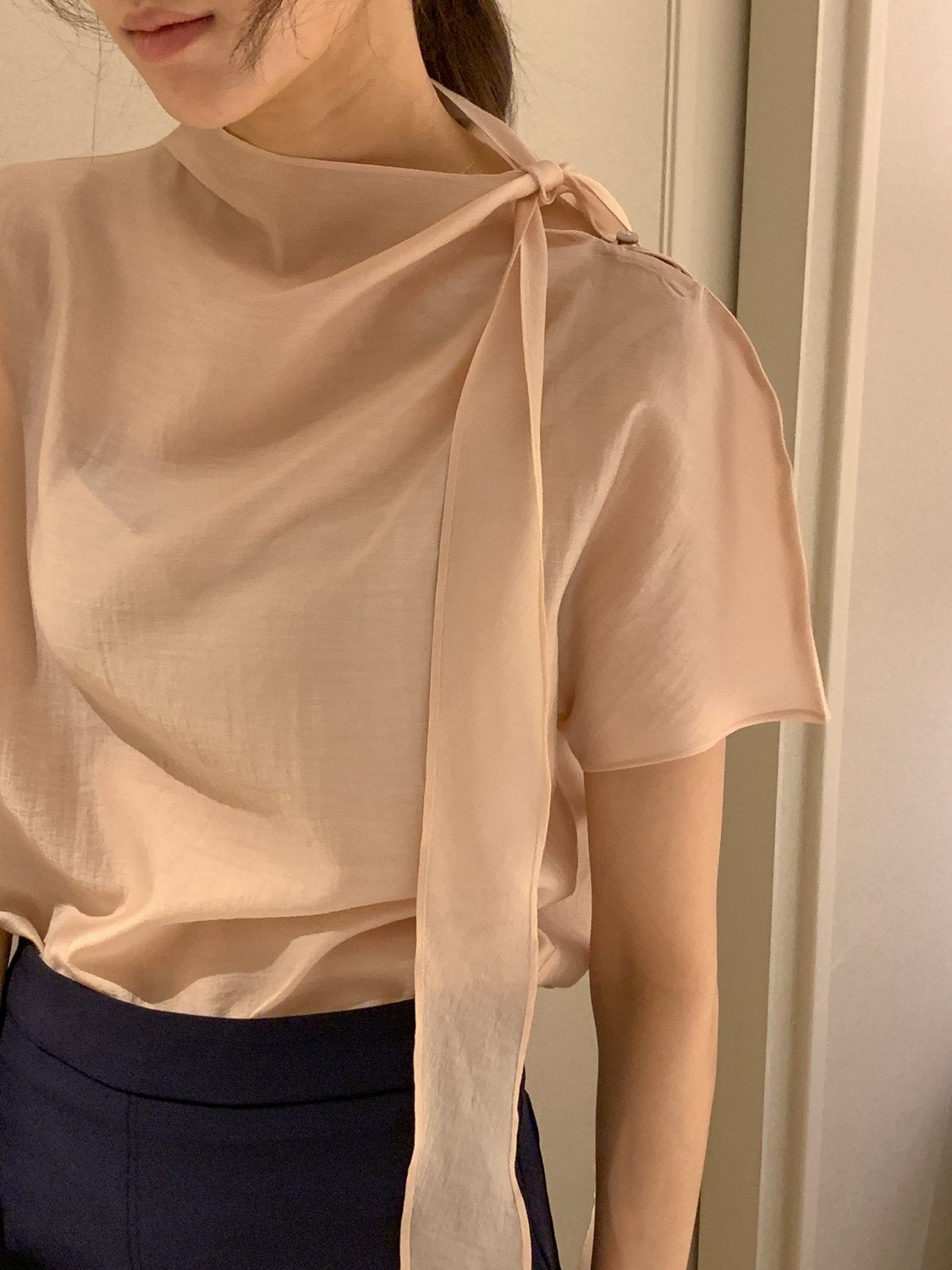 Tie Mock-Neck Blouse