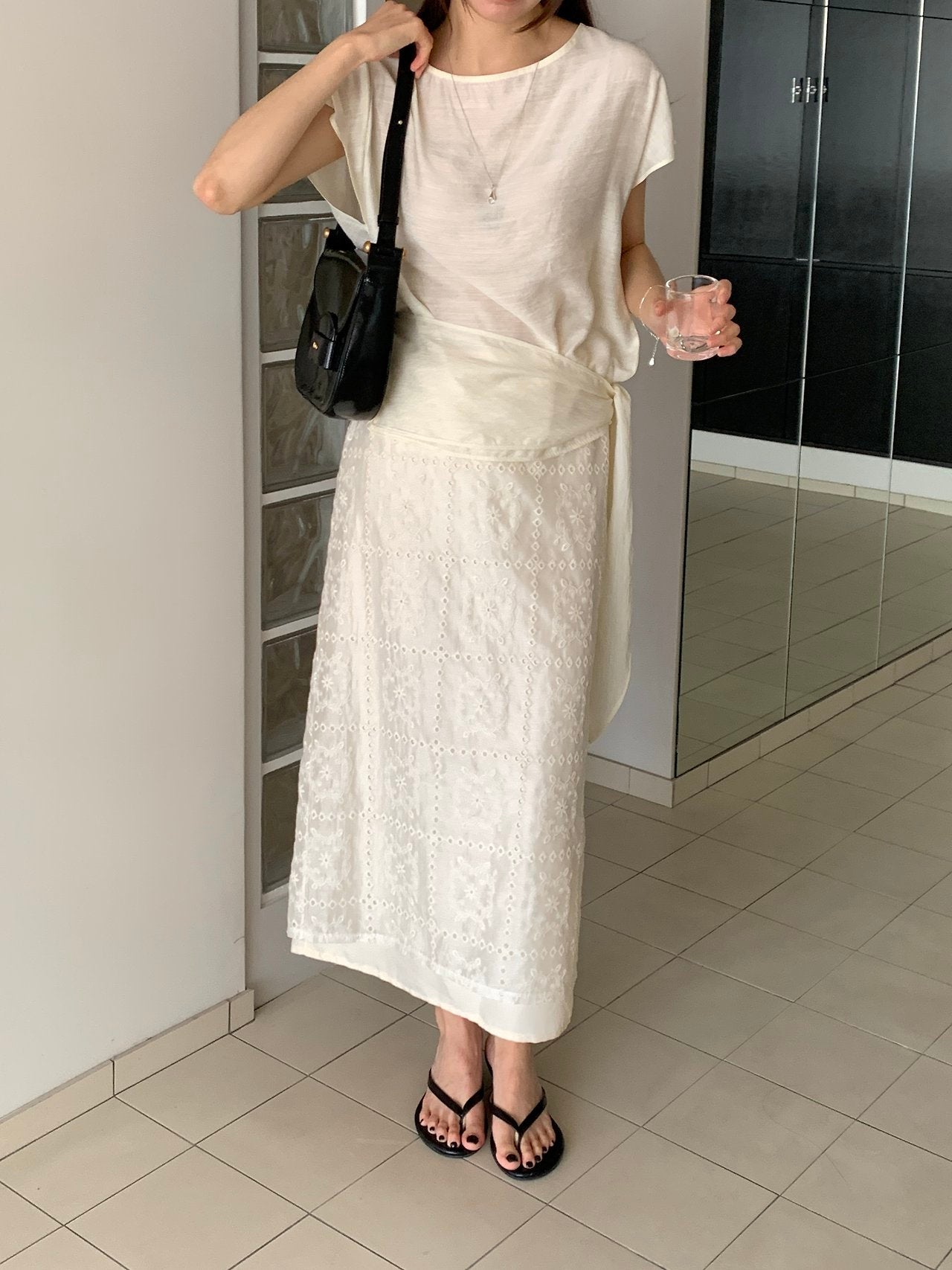 Square Lace Double-Layered Long Skirt