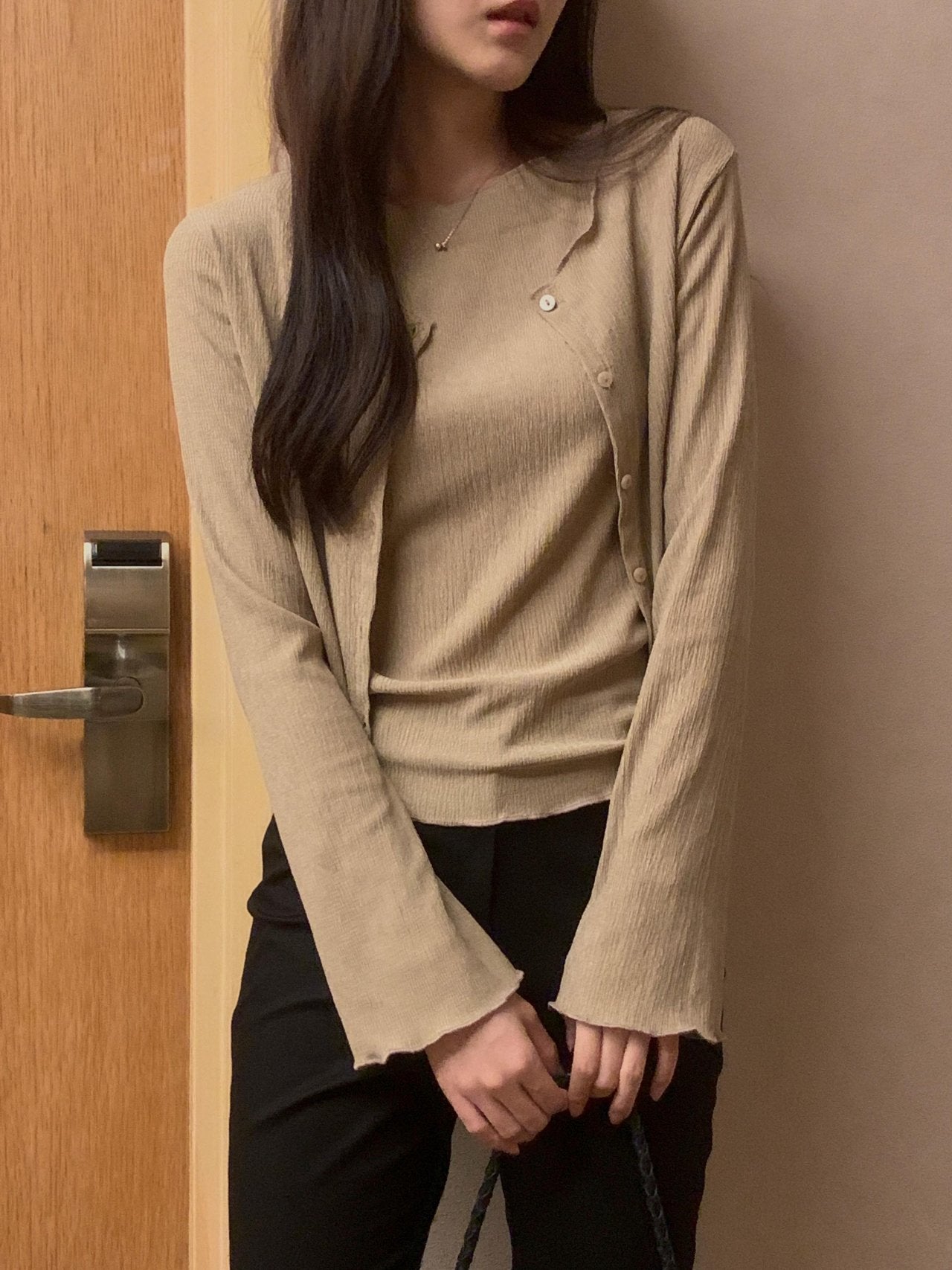 Pleated Sleeveless and Cardigan Set