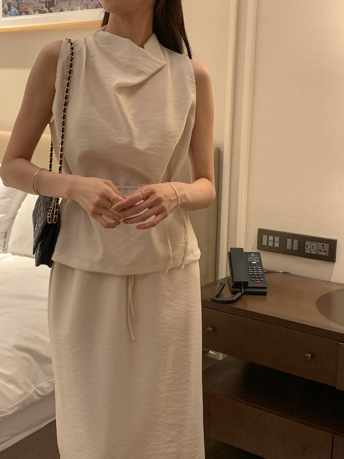 Cowl-Neck Shirring Sleeveless Blouse