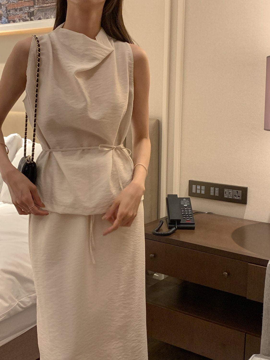 Cowl-Neck Shirring Sleeveless Blouse