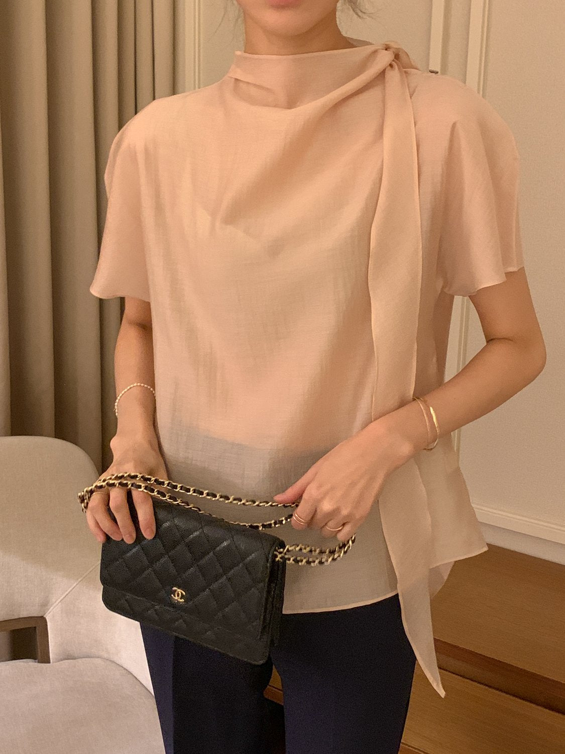 Tie Mock-Neck Blouse