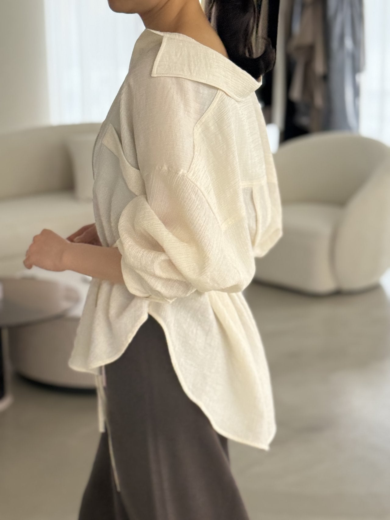 Wool-Tencel Crinkle Belted Overfit Shirt - Black