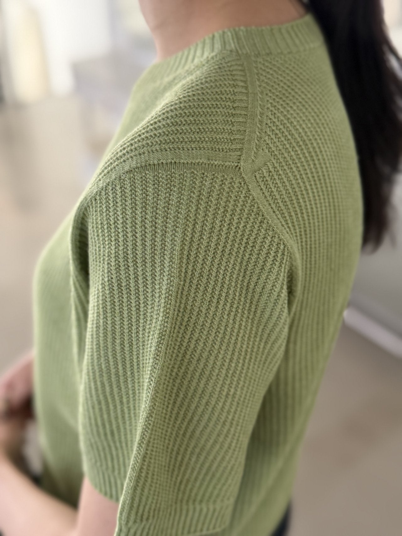 Textured Semi-Crop Knit (Short Sleeve) - Avocado