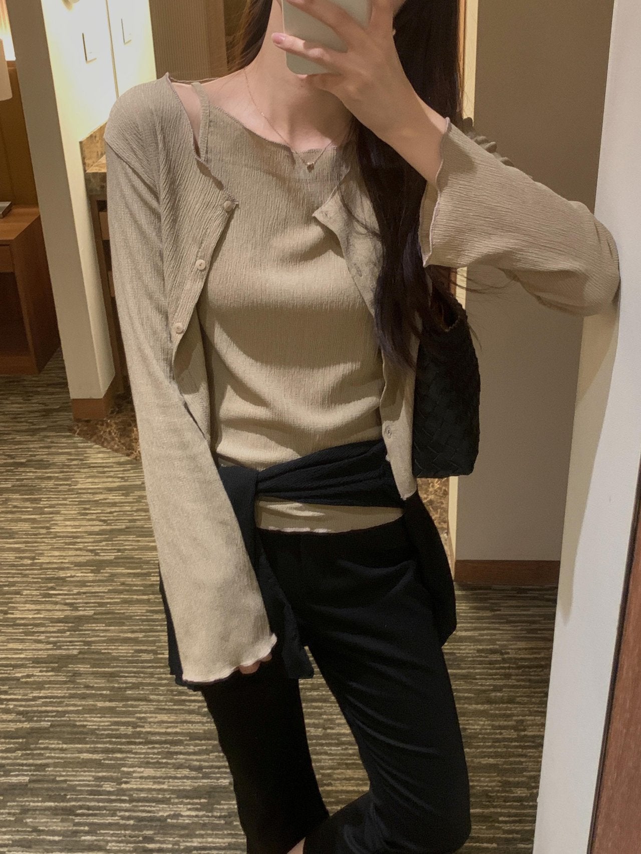 Pleated Sleeveless and Cardigan Set