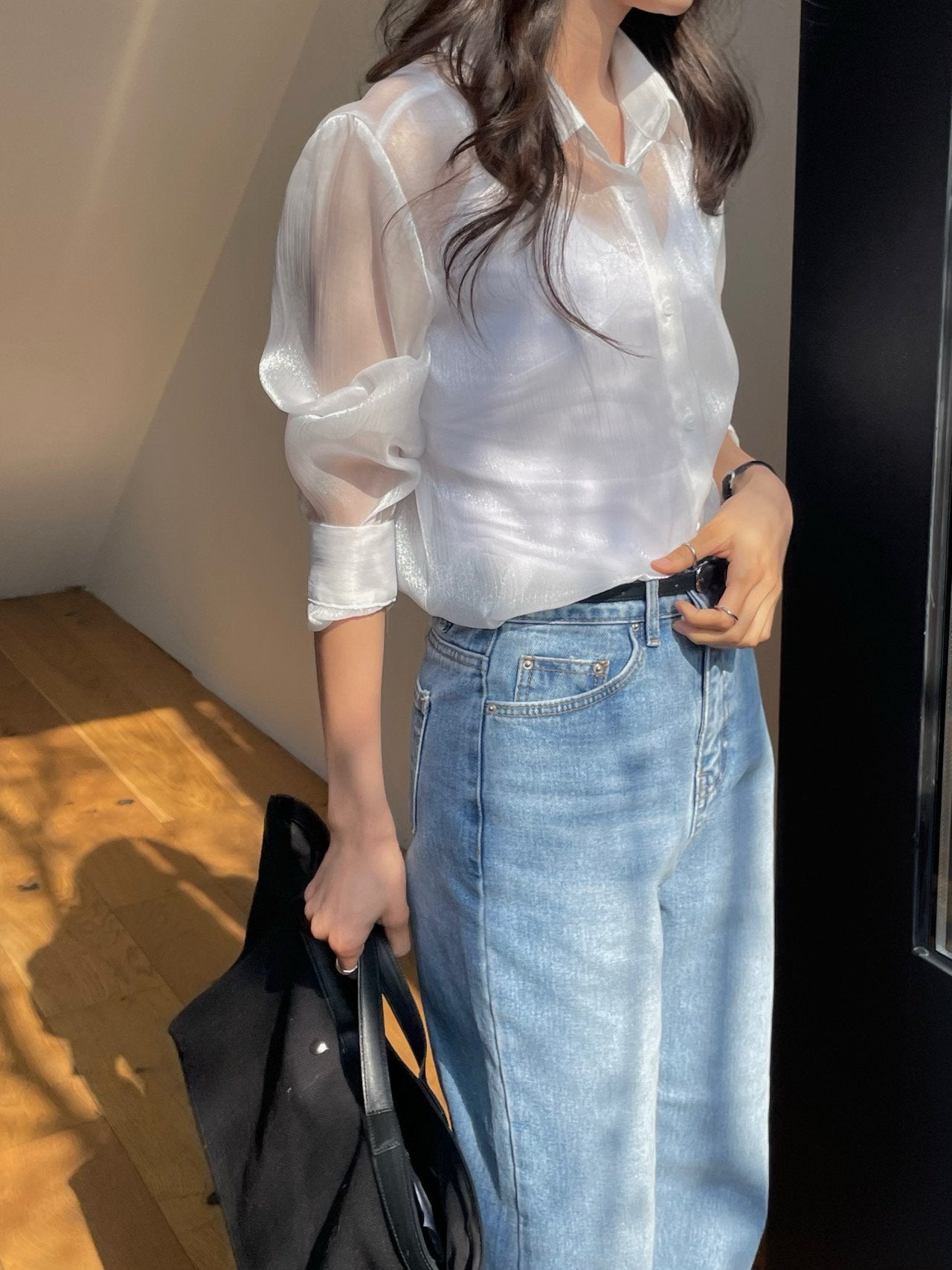 Luxury Organza Sheer Blouse – Sky Blue · White · Peach Pink