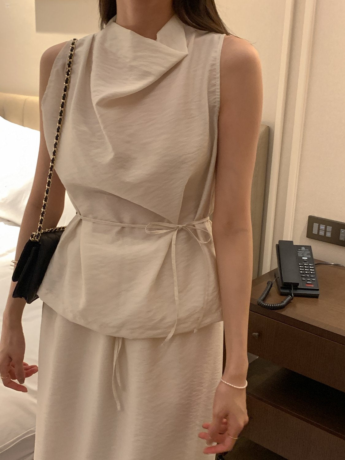 Cowl-Neck Shirring Sleeveless Blouse