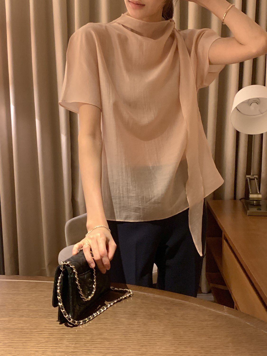 Tie Mock-Neck Blouse