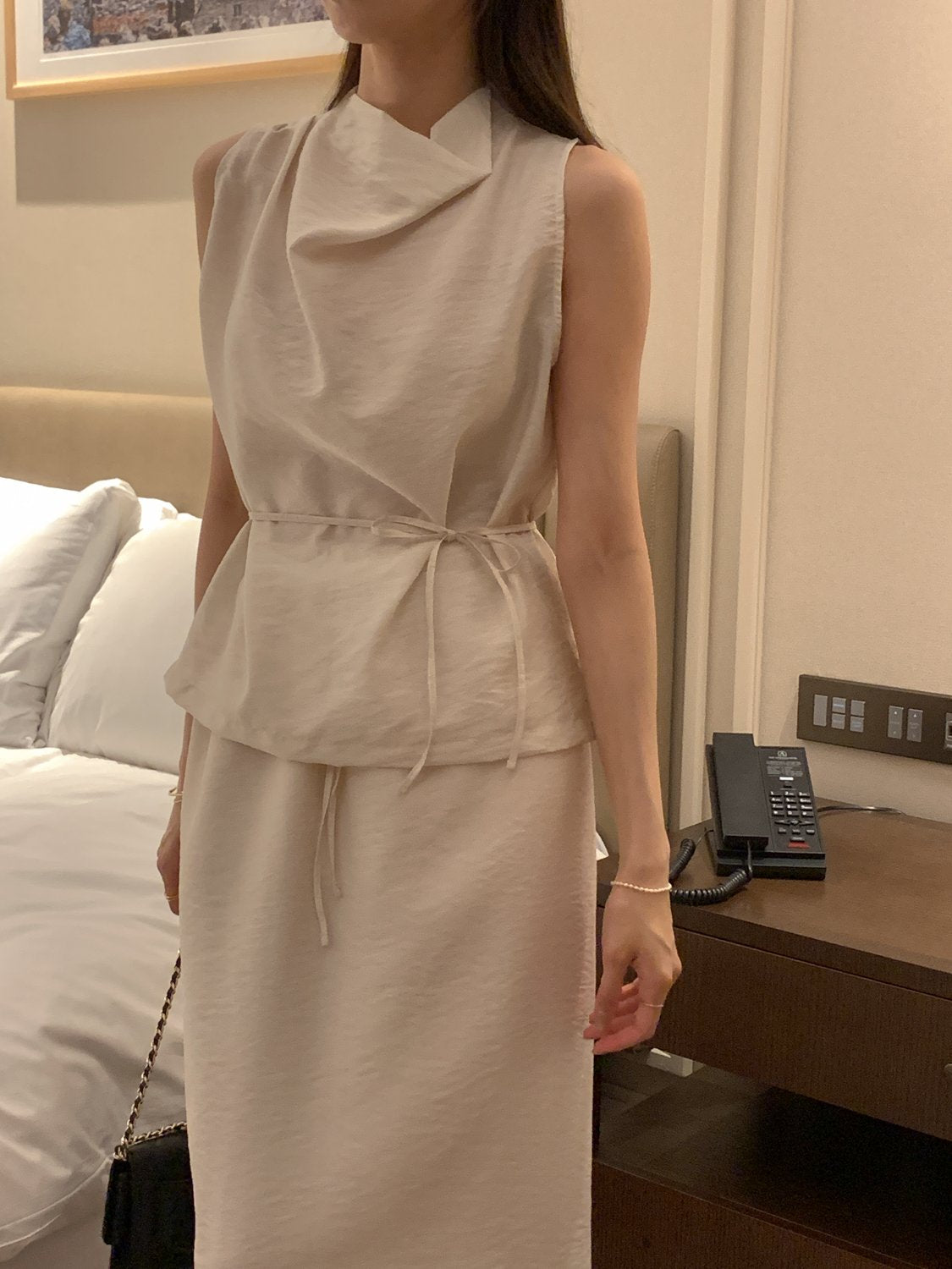 Cowl-Neck Shirring Sleeveless Blouse