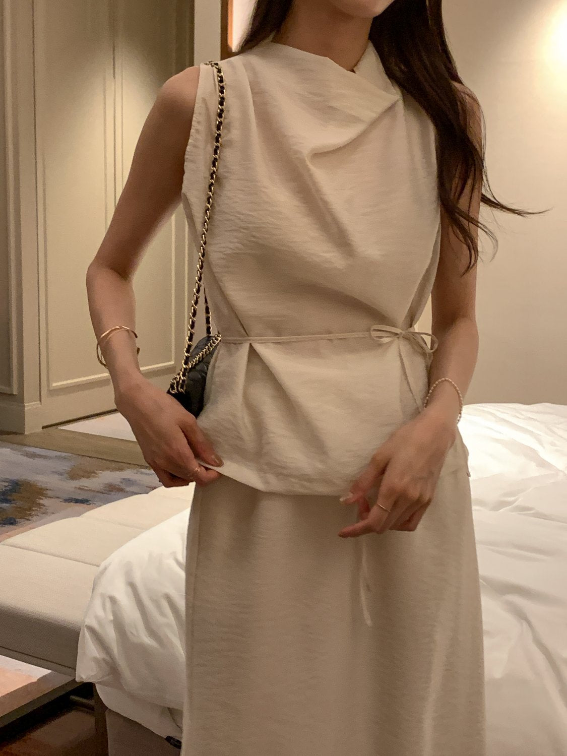 Cowl-Neck Shirring Sleeveless Blouse