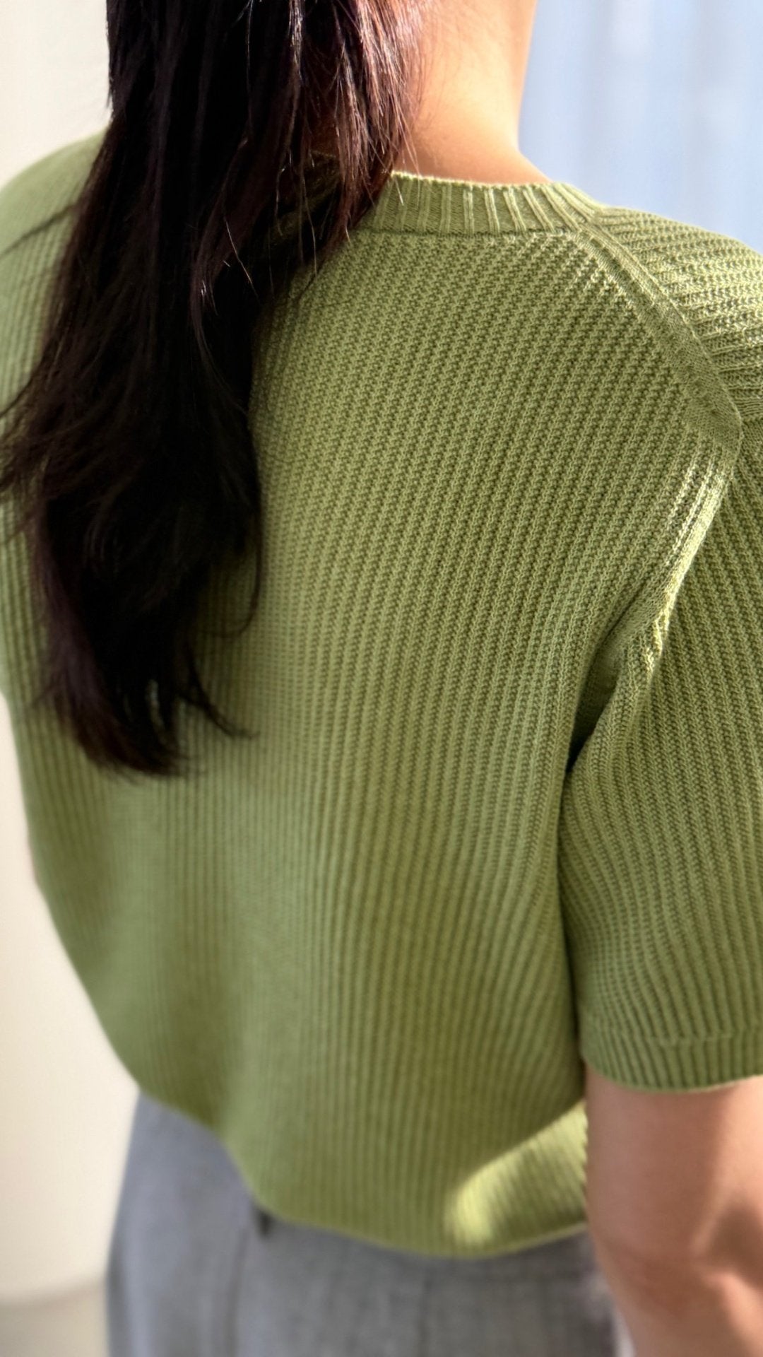 Textured Semi-Crop Knit (Short Sleeve) - Avocado