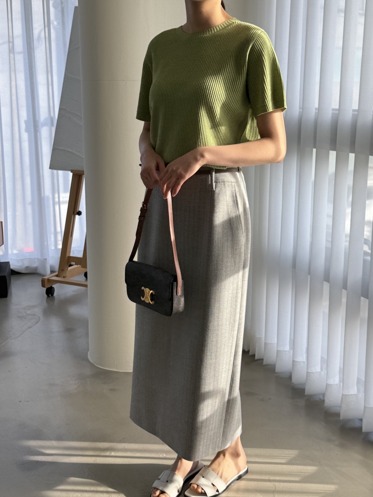 Textured Semi-Crop Knit (Short Sleeve) - Avocado