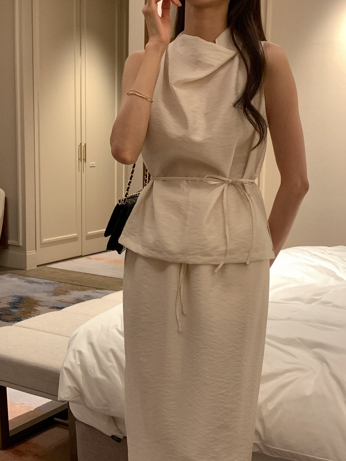 Cowl-Neck Shirring Sleeveless Blouse