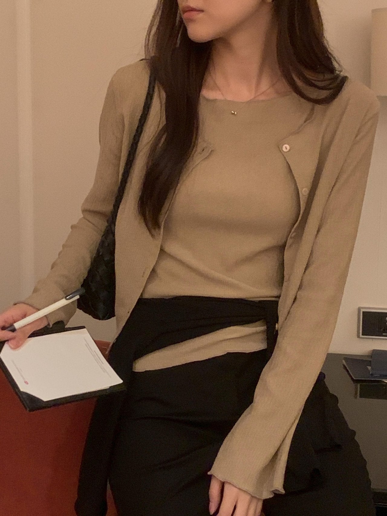 Pleated Sleeveless and Cardigan Set