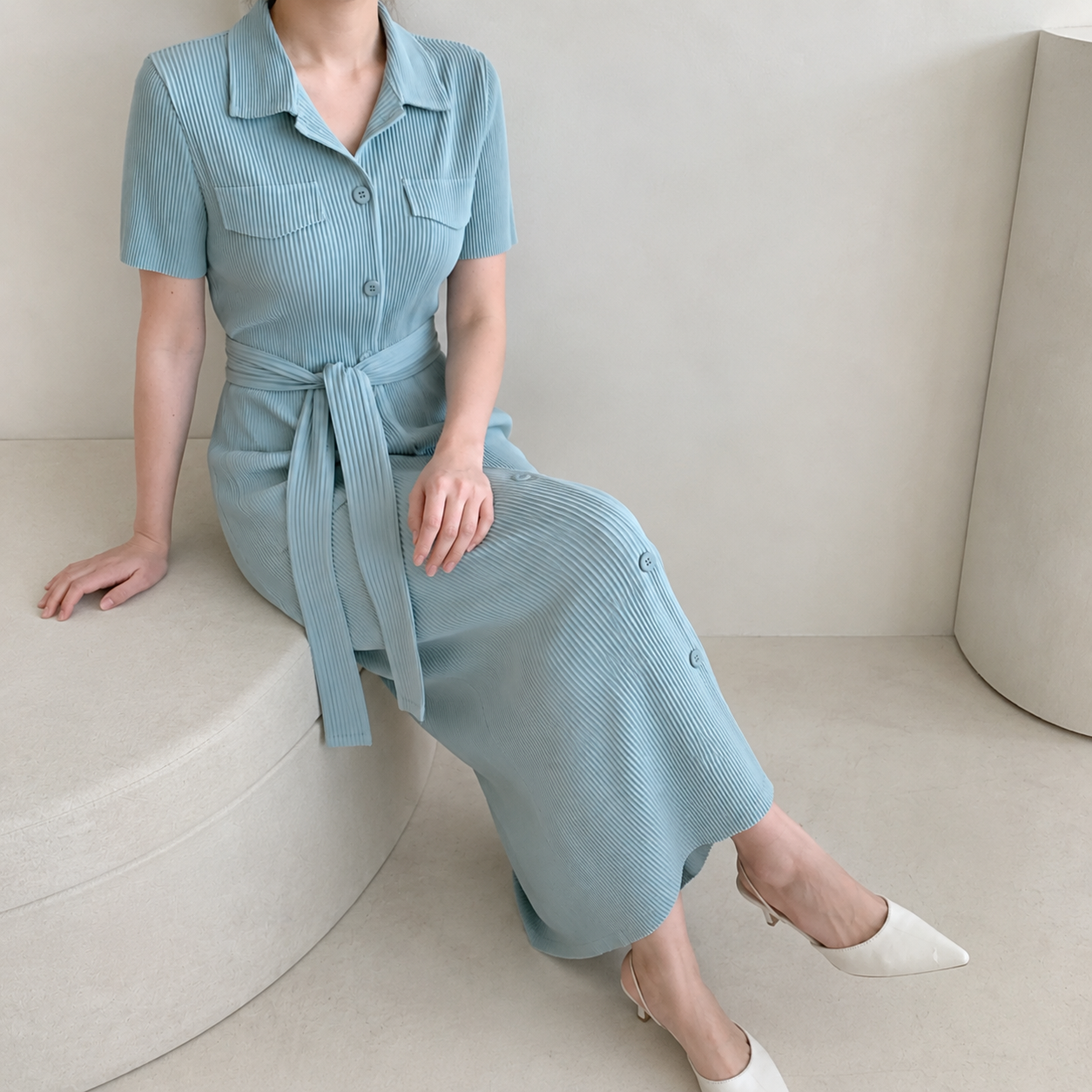 Pleated Short-Sleeve Pocket Dress