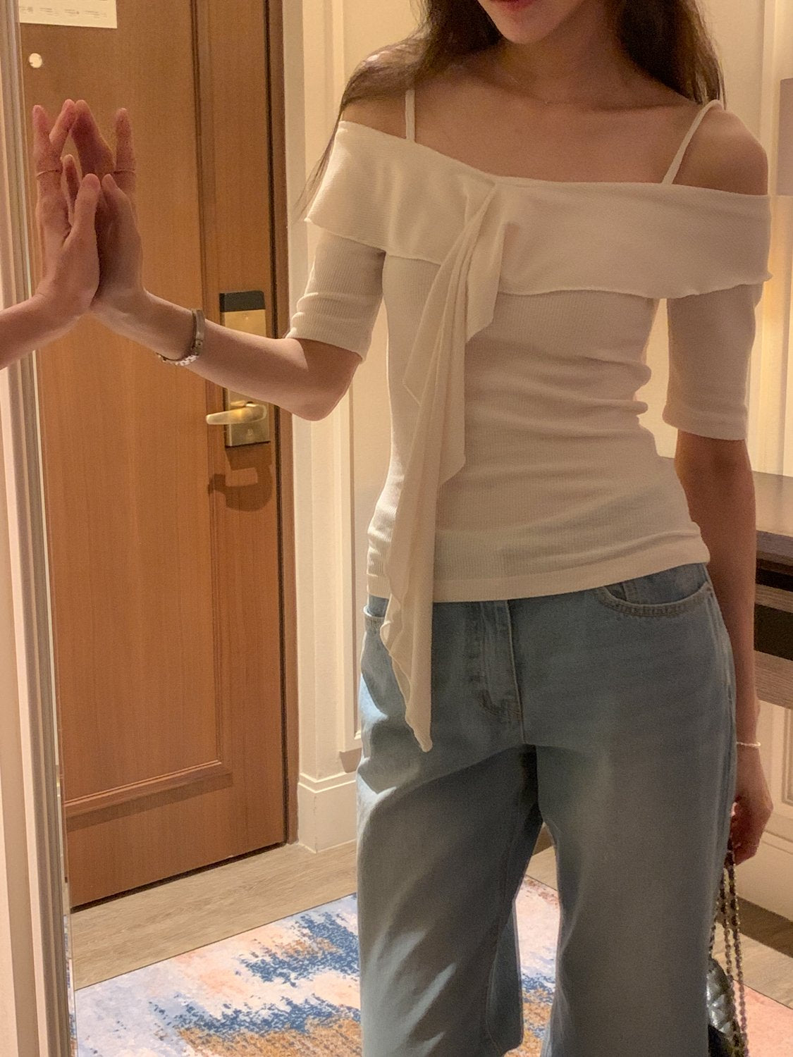 Frill Off the Shoulder Ribbed Tee