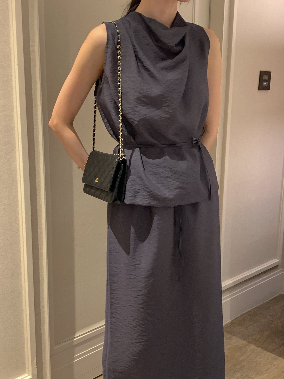 Cowl-Neck Shirring Sleeveless Blouse