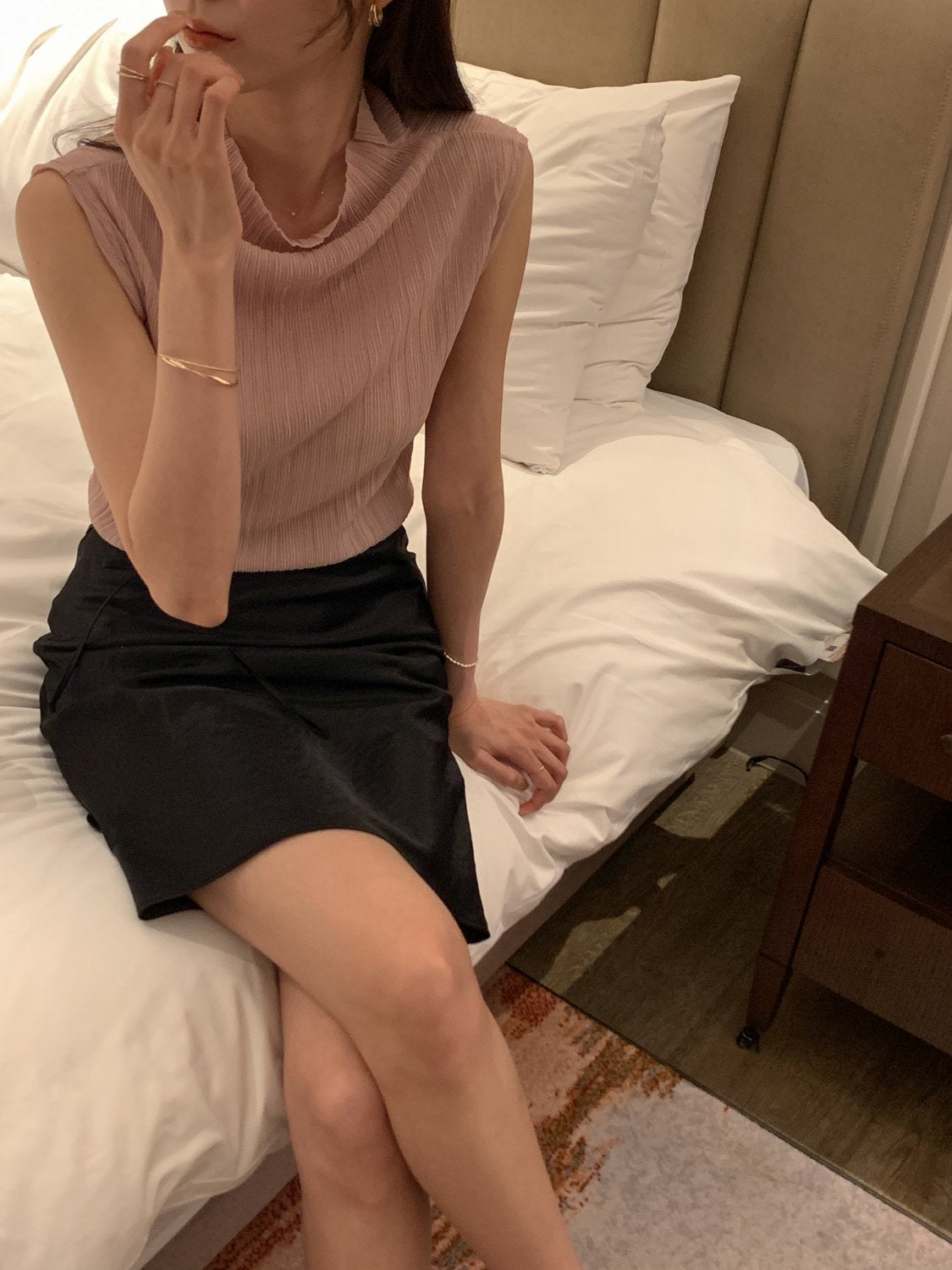 Pleated Mock-Neck Sleeveless Top