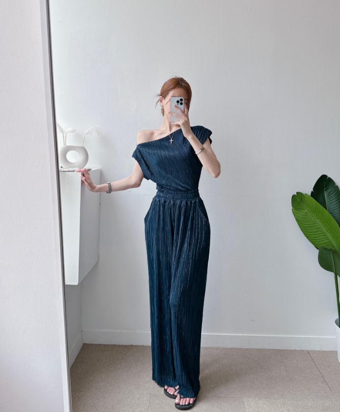 Pleated Off-Shoulder Cap Sleeve Top & Wide Pants Set