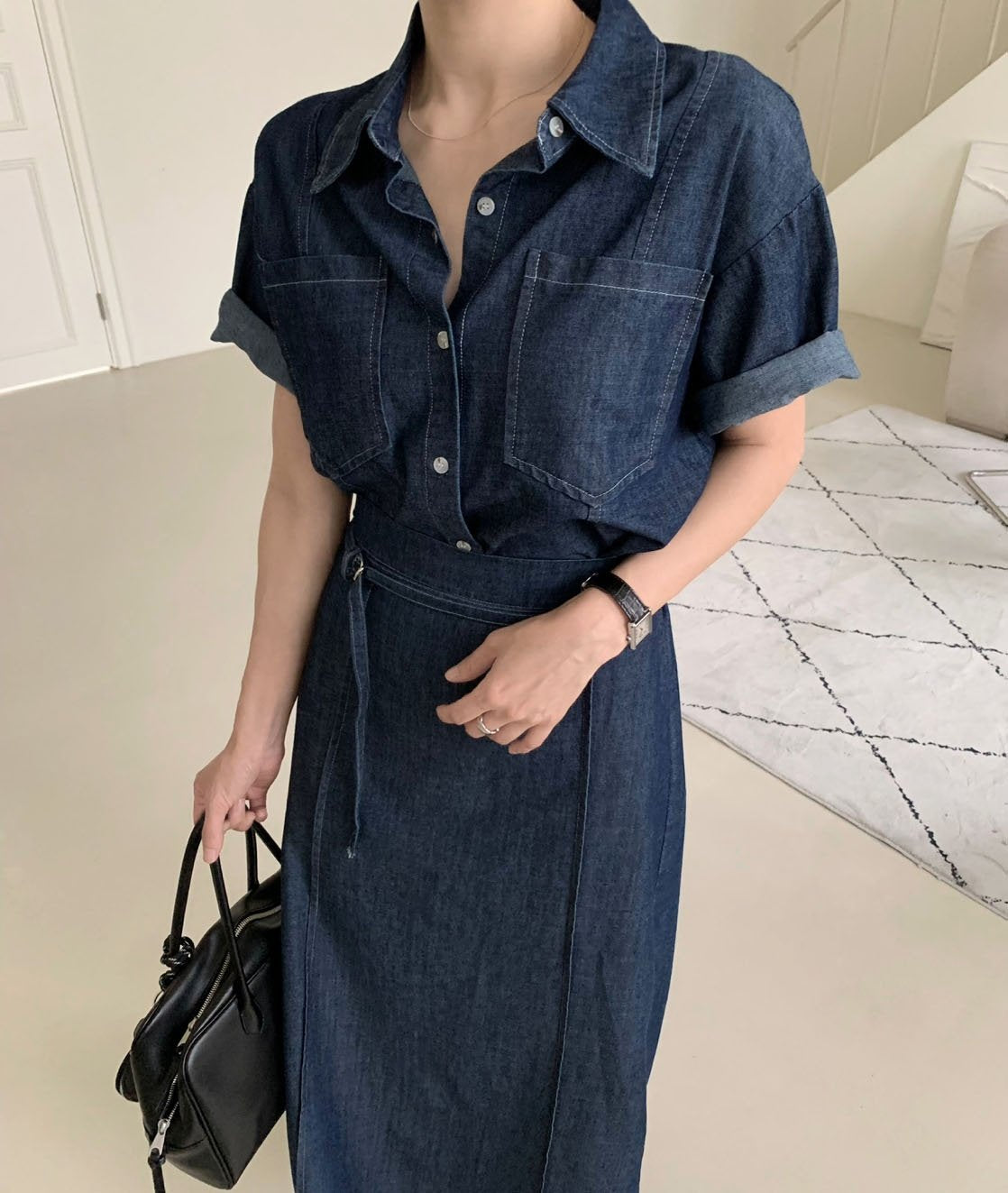 Short Sleeve Denim Shirt & Back-Band Denim Skirt set