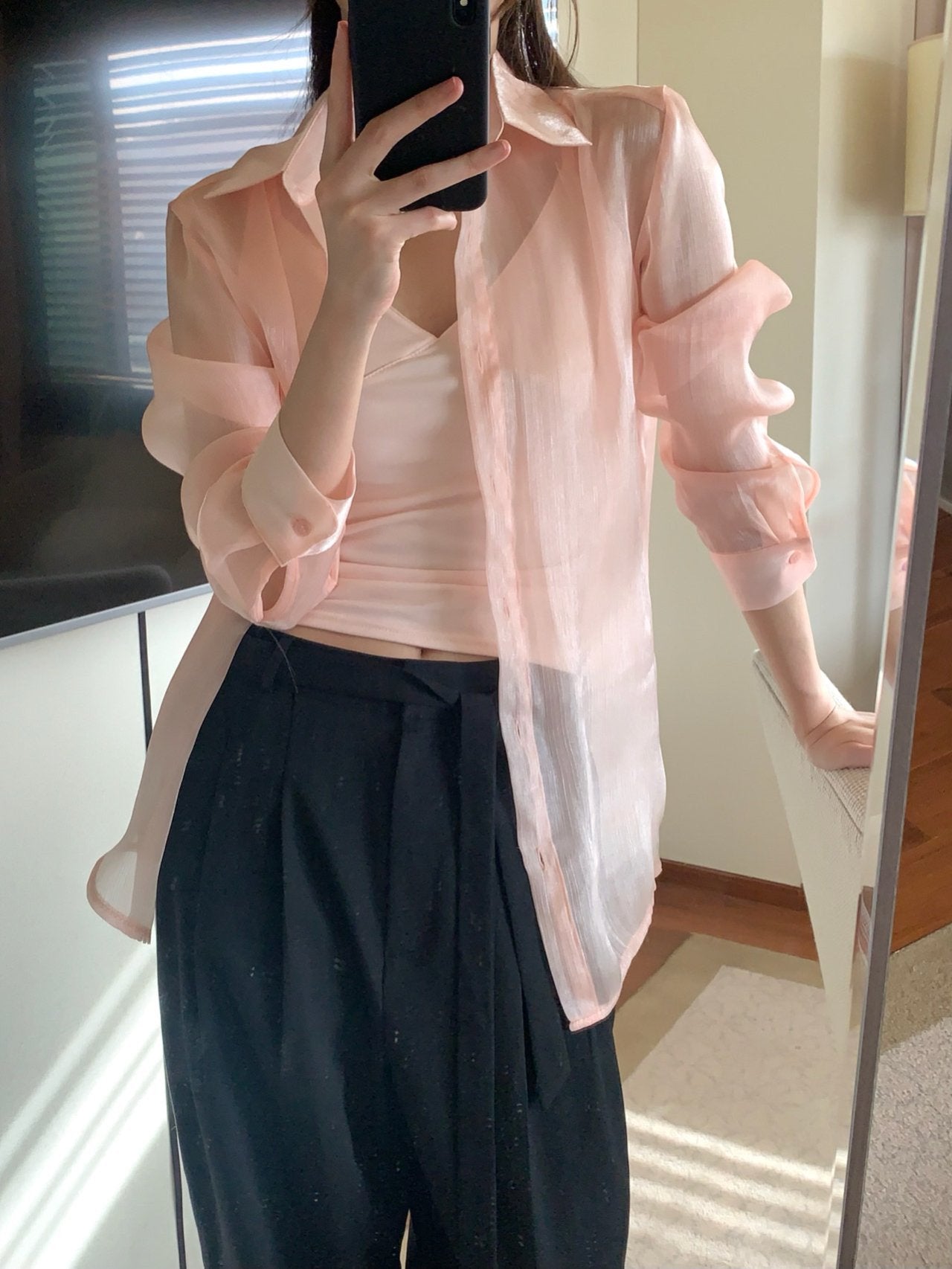 Luxury Organza Sheer Blouse – Sky Blue · White · Peach Pink