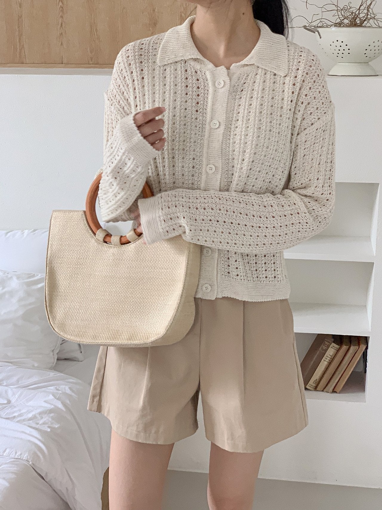 Linen-Cotton Perforated Collar Cardigan