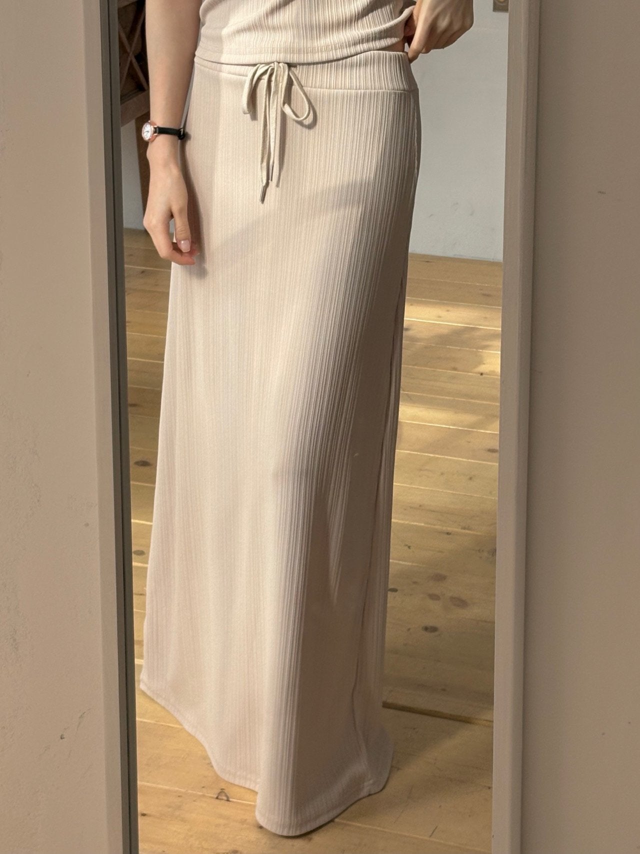Wrinkle-Textured Half-Sleeve Top & Long Skirt Set