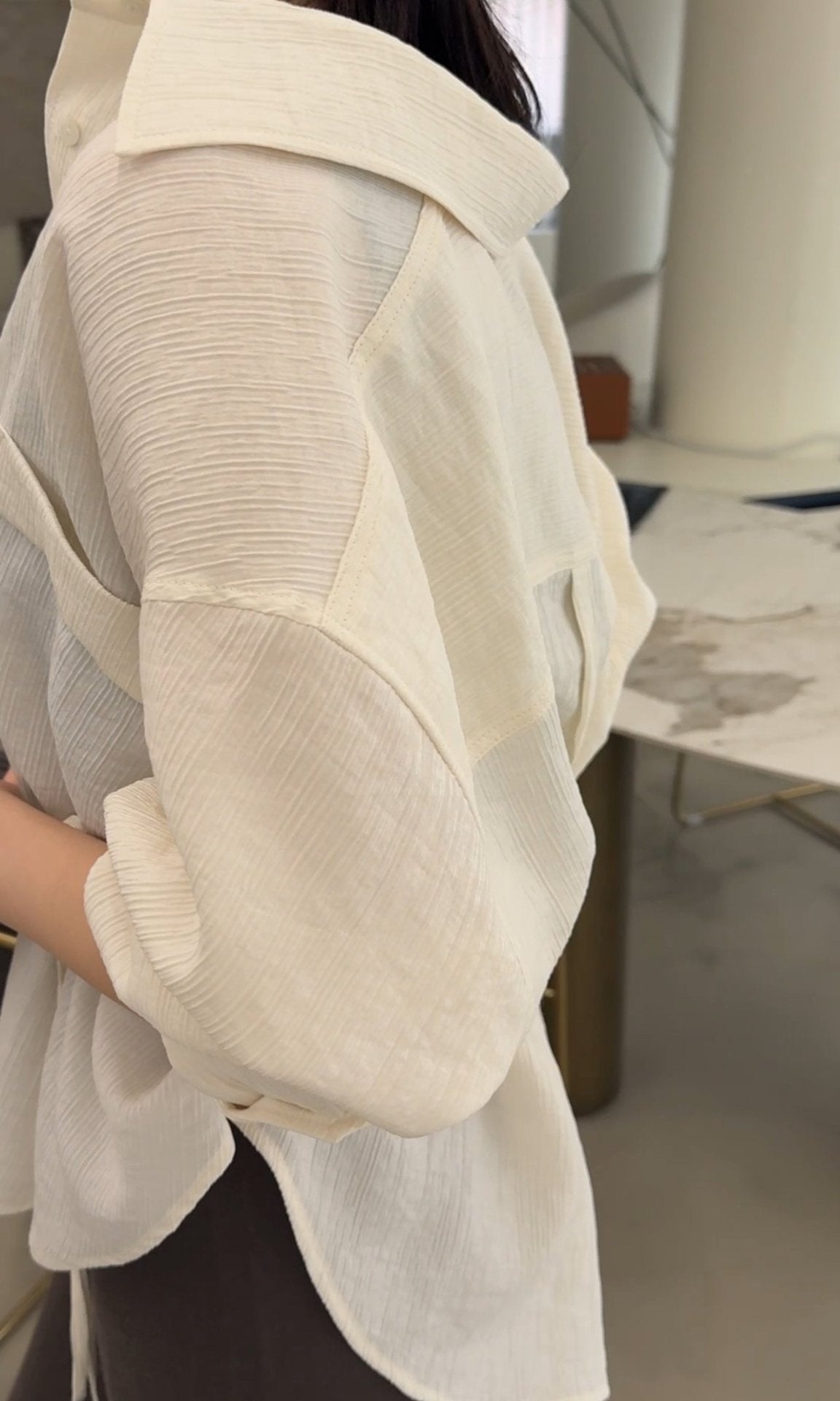 Wool-Tencel Crinkle Belted Overfit Shirt - Black