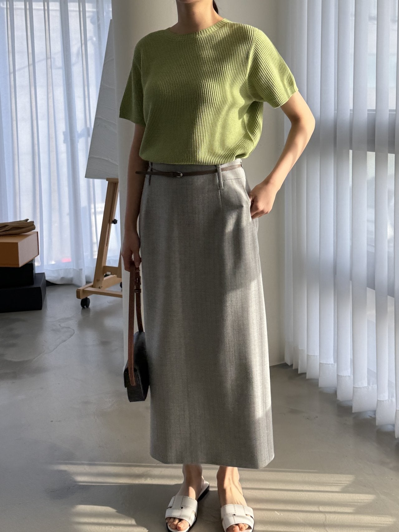 Textured Semi-Crop Knit (Short Sleeve) - Avocado