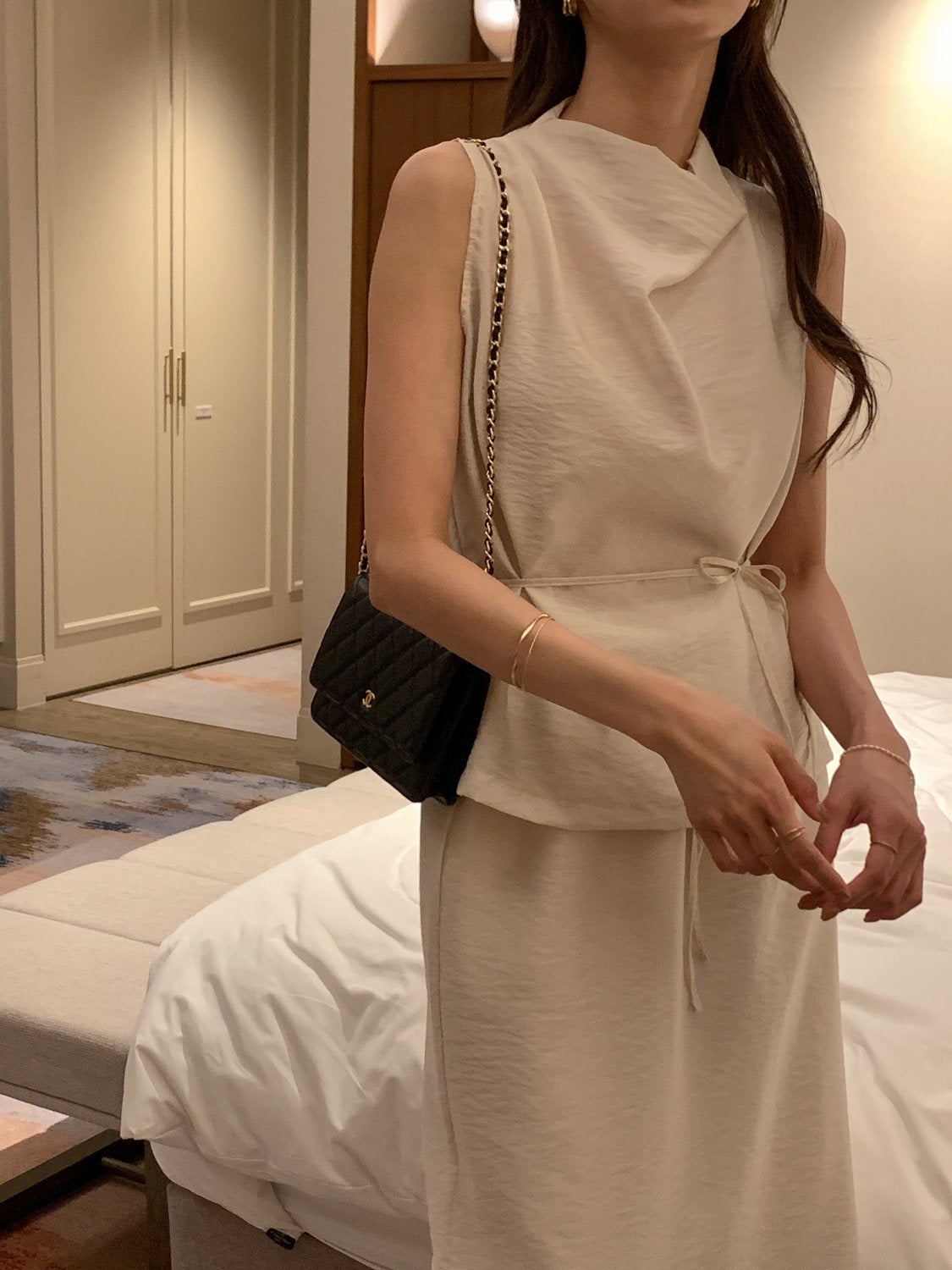 Cowl-Neck Shirring Sleeveless Blouse