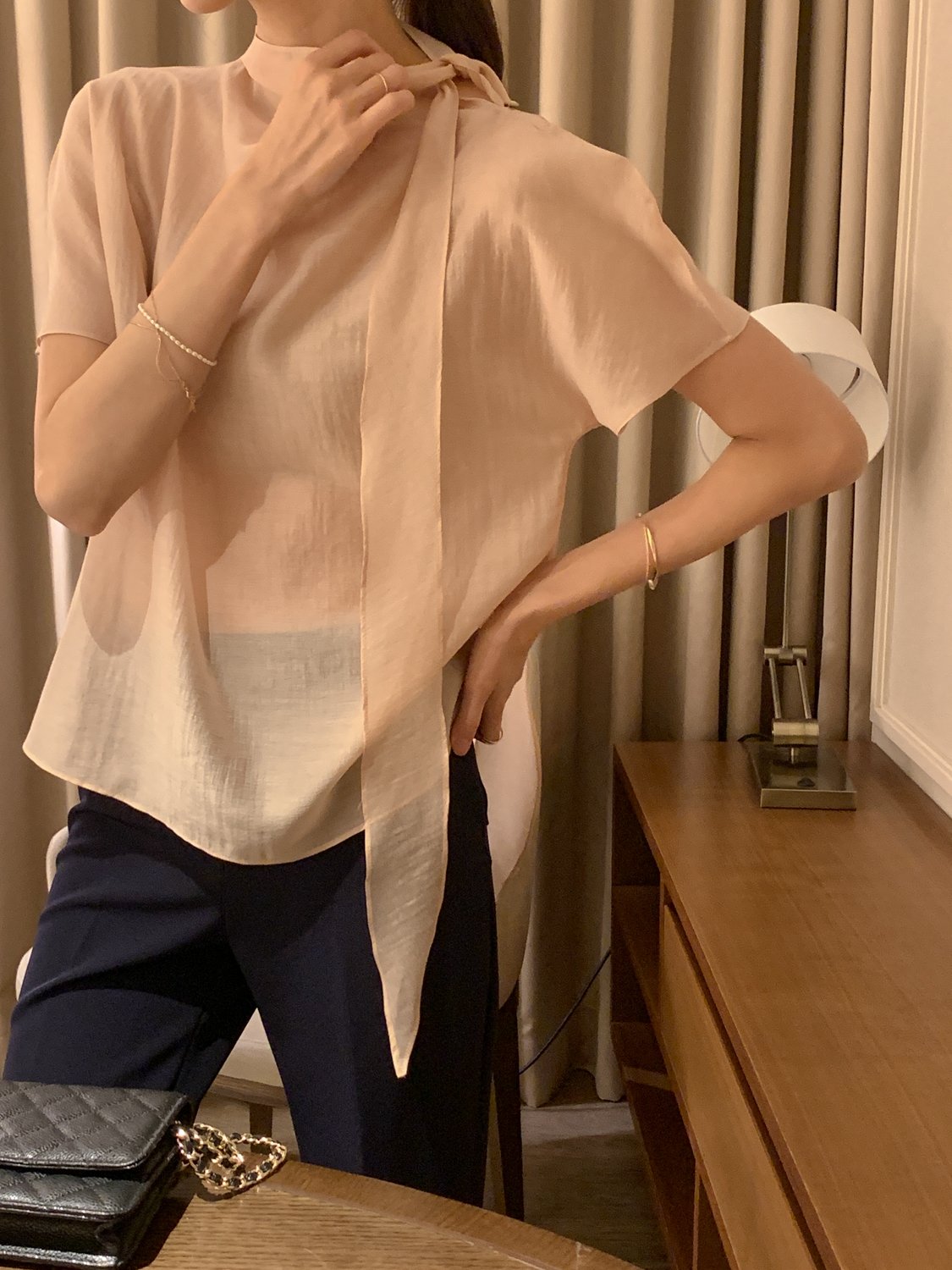 Tie Mock-Neck Blouse