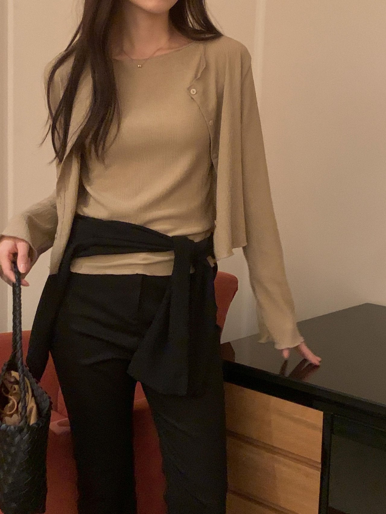 Pleated Sleeveless and Cardigan Set