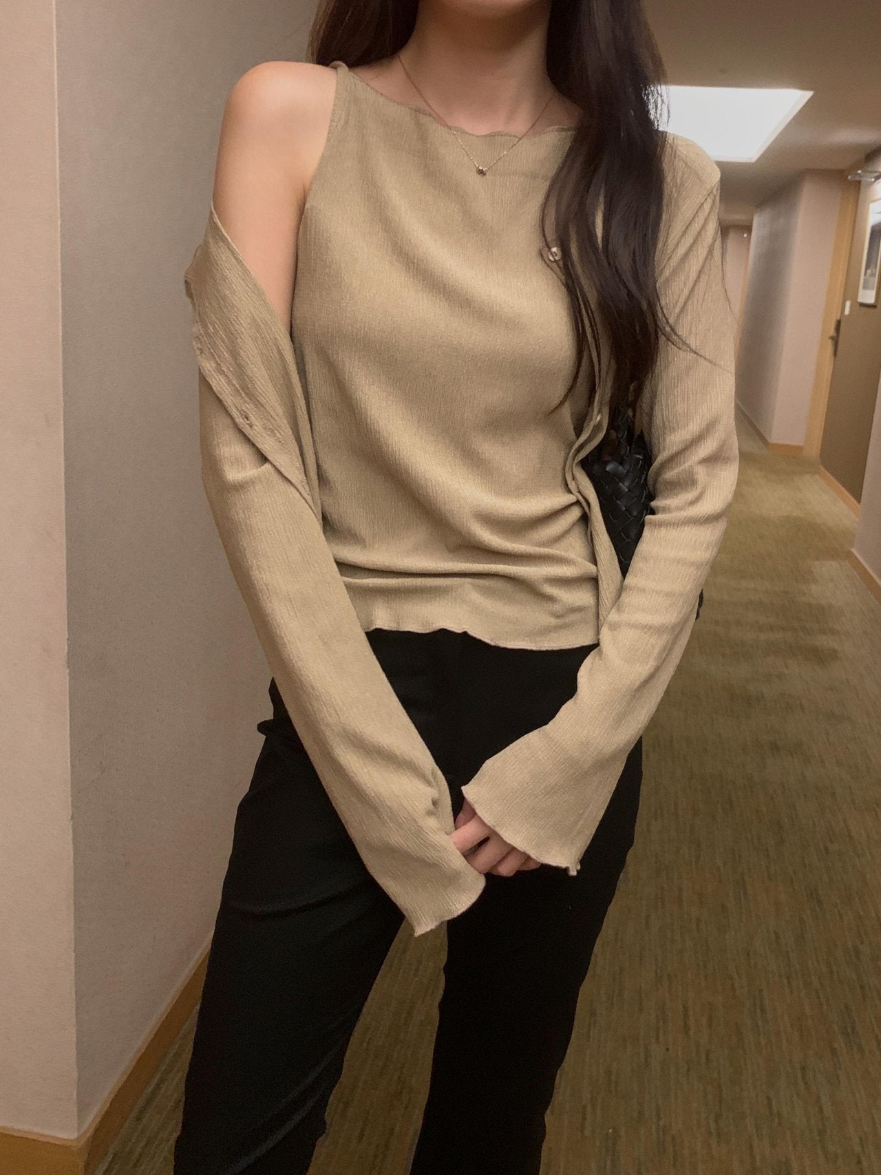 Pleated Sleeveless and Cardigan Set