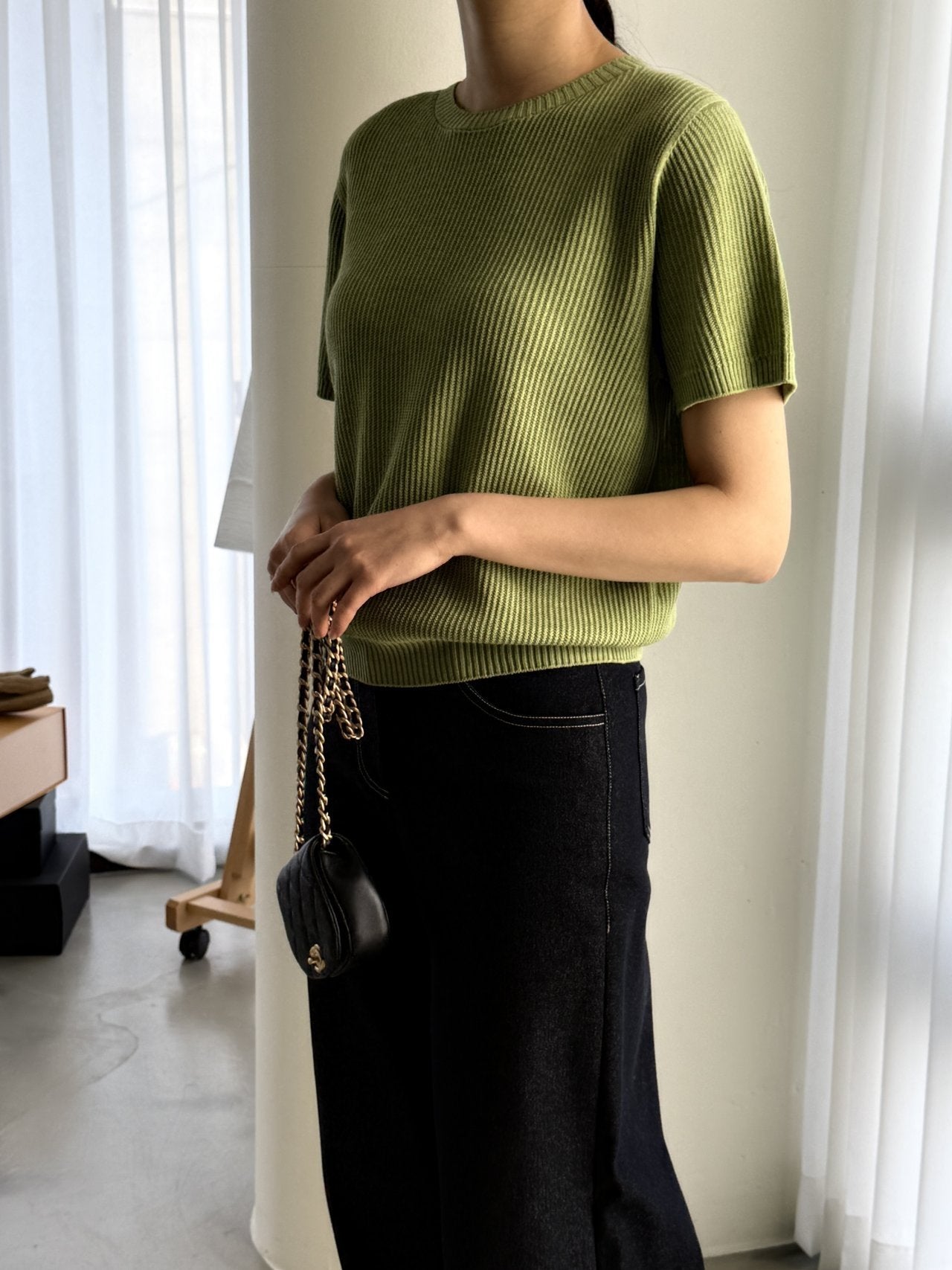 Textured Semi-Crop Knit (Short Sleeve) - Avocado