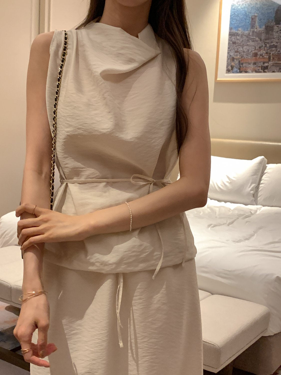 Cowl-Neck Shirring Sleeveless Blouse