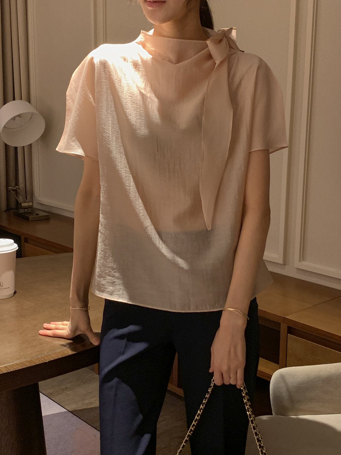 Tie Mock-Neck Blouse