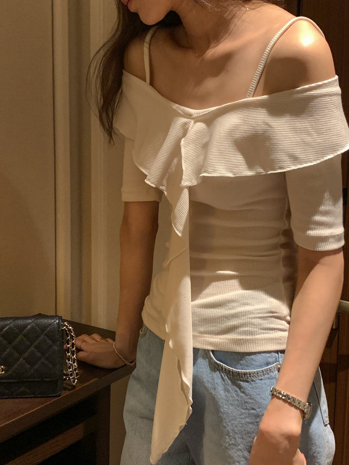 Frill Off the Shoulder Ribbed Tee