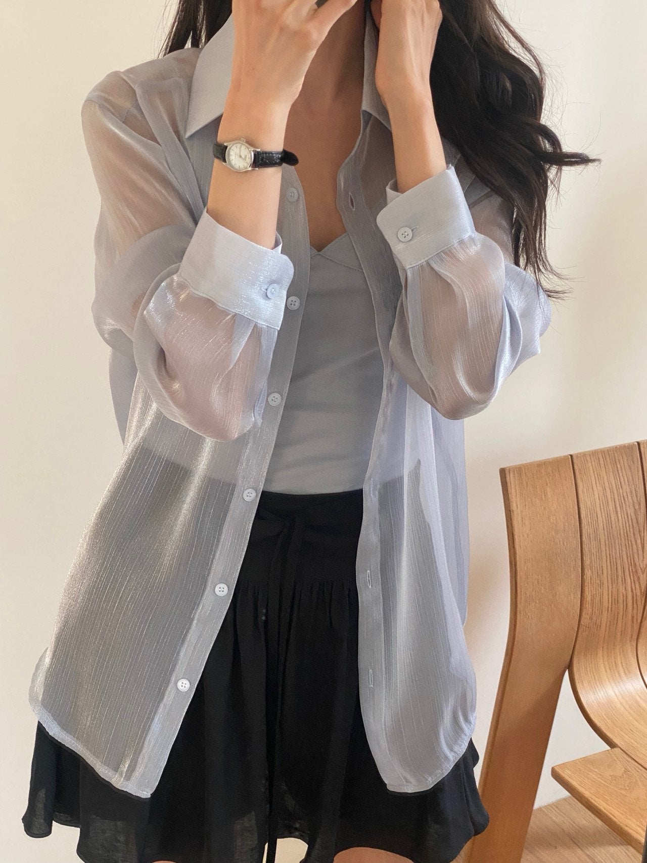 Luxury Organza Sheer Blouse – Sky Blue · White · Peach Pink