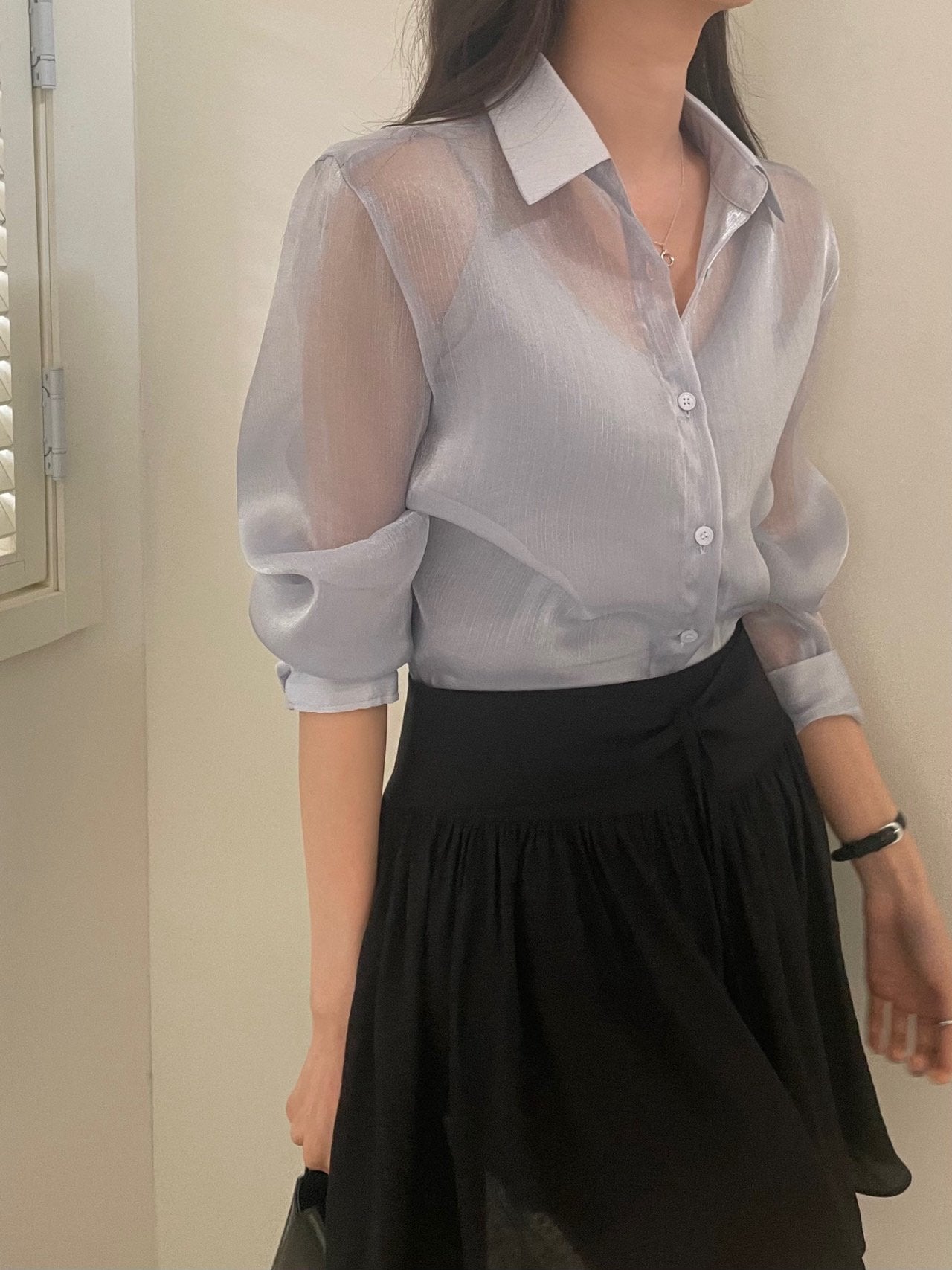 Luxury Organza Sheer Blouse – Sky Blue · White · Peach Pink