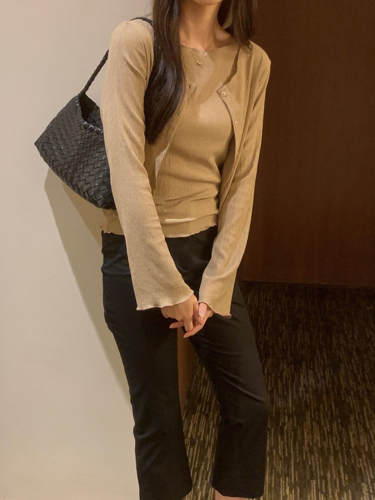 Pleated Sleeveless and Cardigan Set