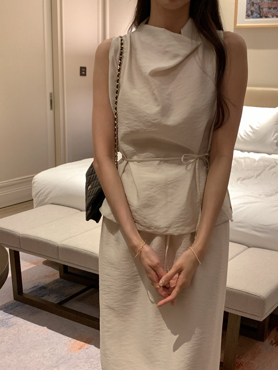 Cowl-Neck Shirring Sleeveless Blouse