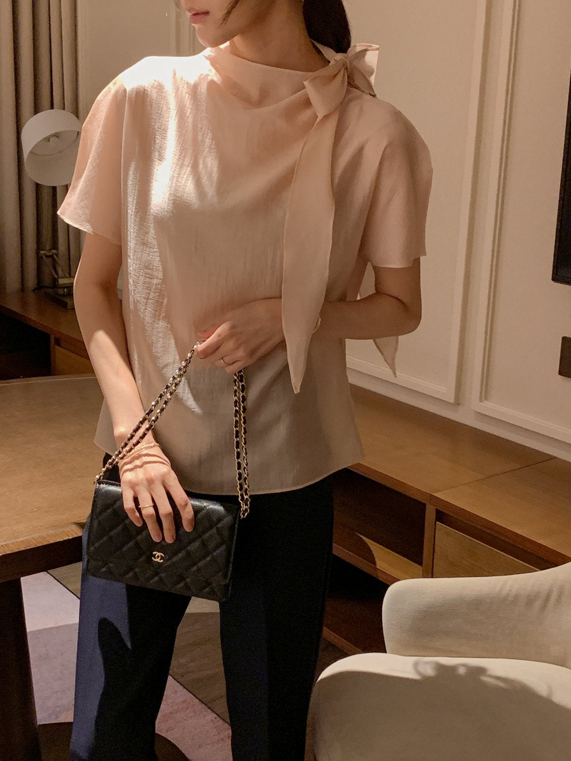 Tie Mock-Neck Blouse