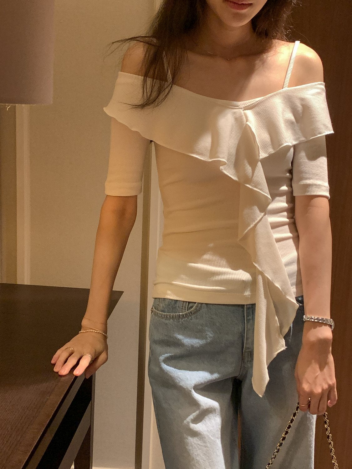 Frill Off the Shoulder Ribbed Tee