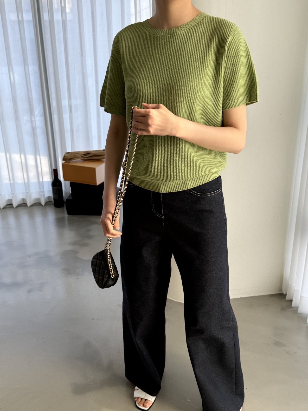 Textured Semi-Crop Knit (Short Sleeve) - Avocado