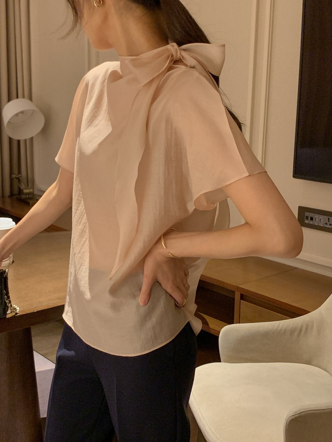 Tie Mock-Neck Blouse