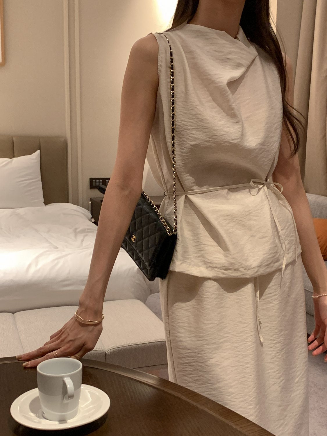 Cowl-Neck Shirring Sleeveless Blouse
