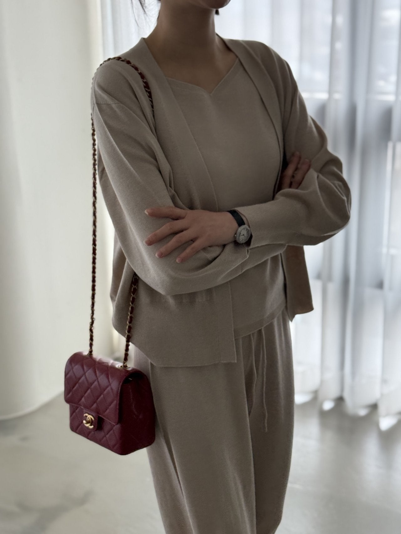 Signature Heart-Neck Cami & Cardigan Set - Beige