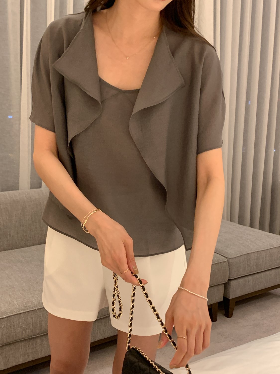 Collar Cardigan & Sleeveless Blouse Set