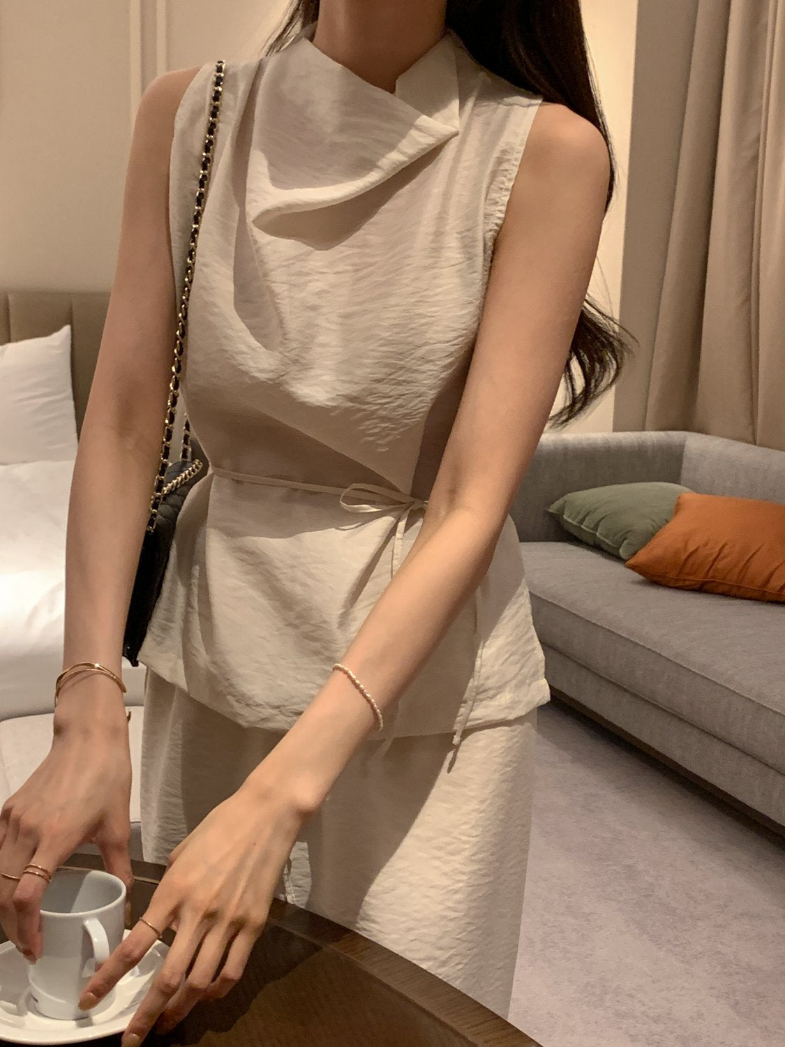 Cowl-Neck Shirring Sleeveless Blouse