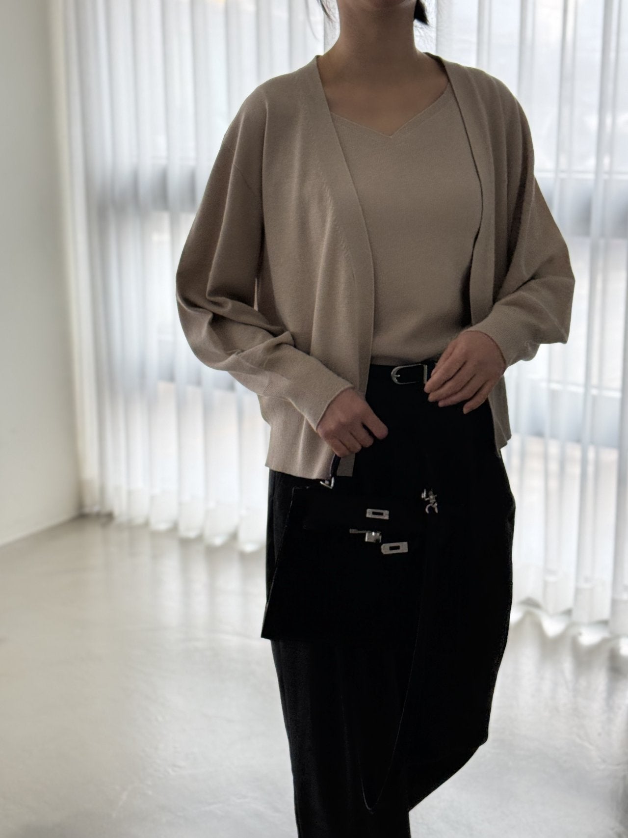 Signature Heart-Neck Cami & Cardigan Set - Beige